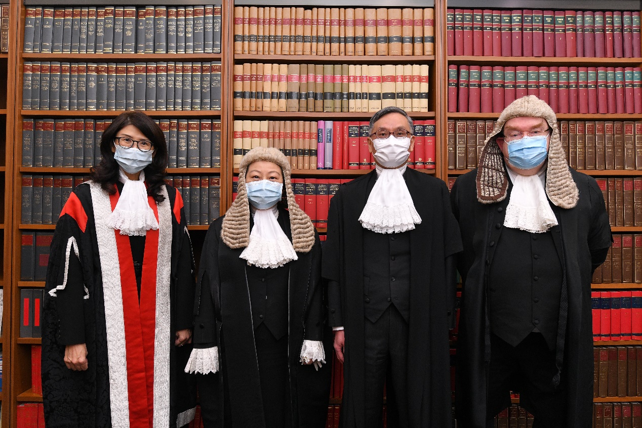 The Hon Chief Justice Andrew CHEUNG (second from right) is pictured with Ms Teresa CHENG, SC (second from left), Secretary for Justice; Mr Philip Dykes, SC (right), Chairman of the Hong Kong Bar Association; and Ms Melissa Pang (left), President of the Law Society of Hong Kong before the Ceremonial Opening of the Legal Year 2021 (11 January)