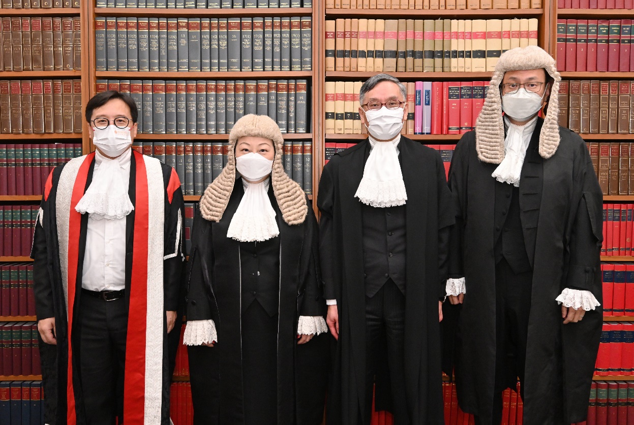 The Hon Chief Justice Andrew CHEUNG (second right) is pictured with Ms Teresa CHENG, SC (second left), Secretary for Justice; Mr Victor DAWES, SC (first right), Chairman of the Hong Kong Bar Association; and Mr CHAN Chak-ming (first left), President of the Law Society of Hong Kong before the Ceremonial Opening of the Legal Year 2022 (24 January)