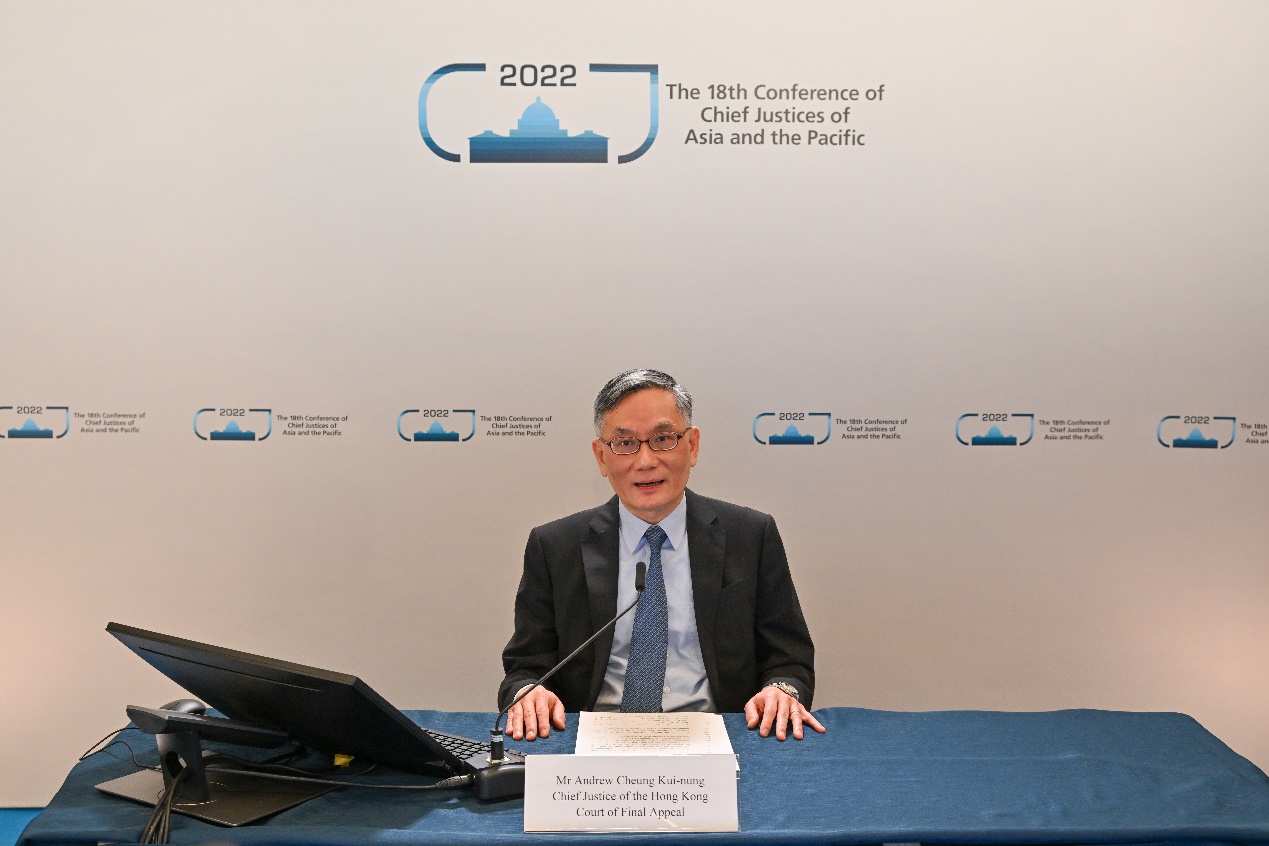 The Hon Chief Justice Andrew CHEUNG delivers opening remarks at the opening ceremony of the 18th Conference of Chief Justices of Asia and the Pacific via video-conferencing (16 November)