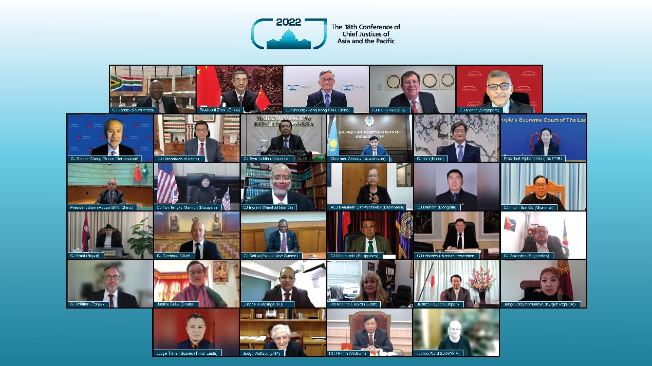 The Hon Chief Justice Andrew CHEUNG (top row, centre) hosts the 18th Conference of Chief Justices of Asia and the Pacific via video-conferencing (16-17 November)