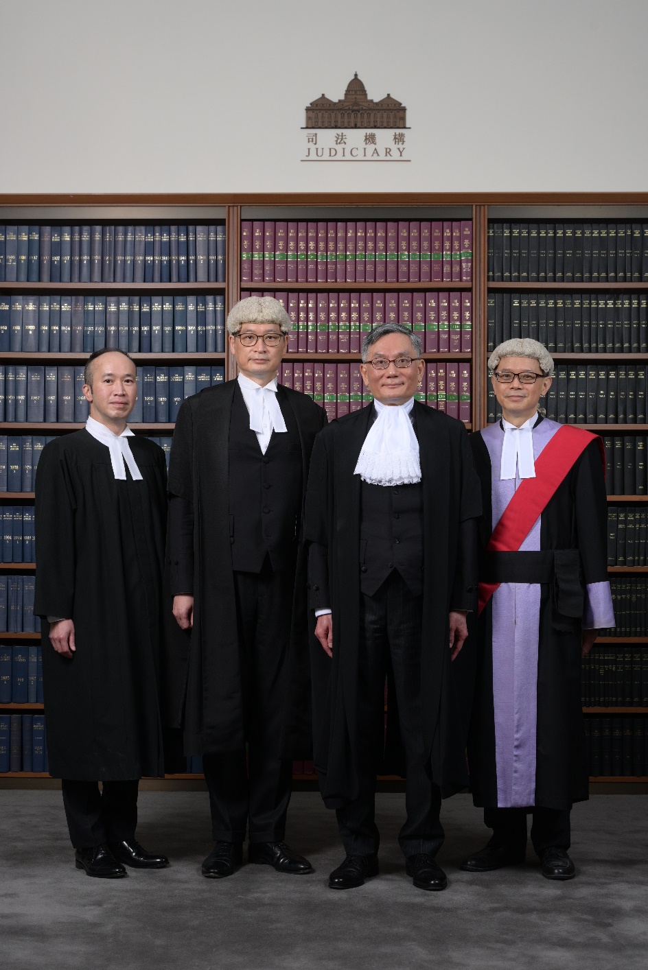 The Hon Chief Justice Andrew CHEUNG (second right), the Hon Mr Justice Jeremy POON (second left), Chief Judge of the High Court, His Honour Judge Justin KO (first right), Chief District Judge and Mr Victor So (first left), Chief Magistrate.